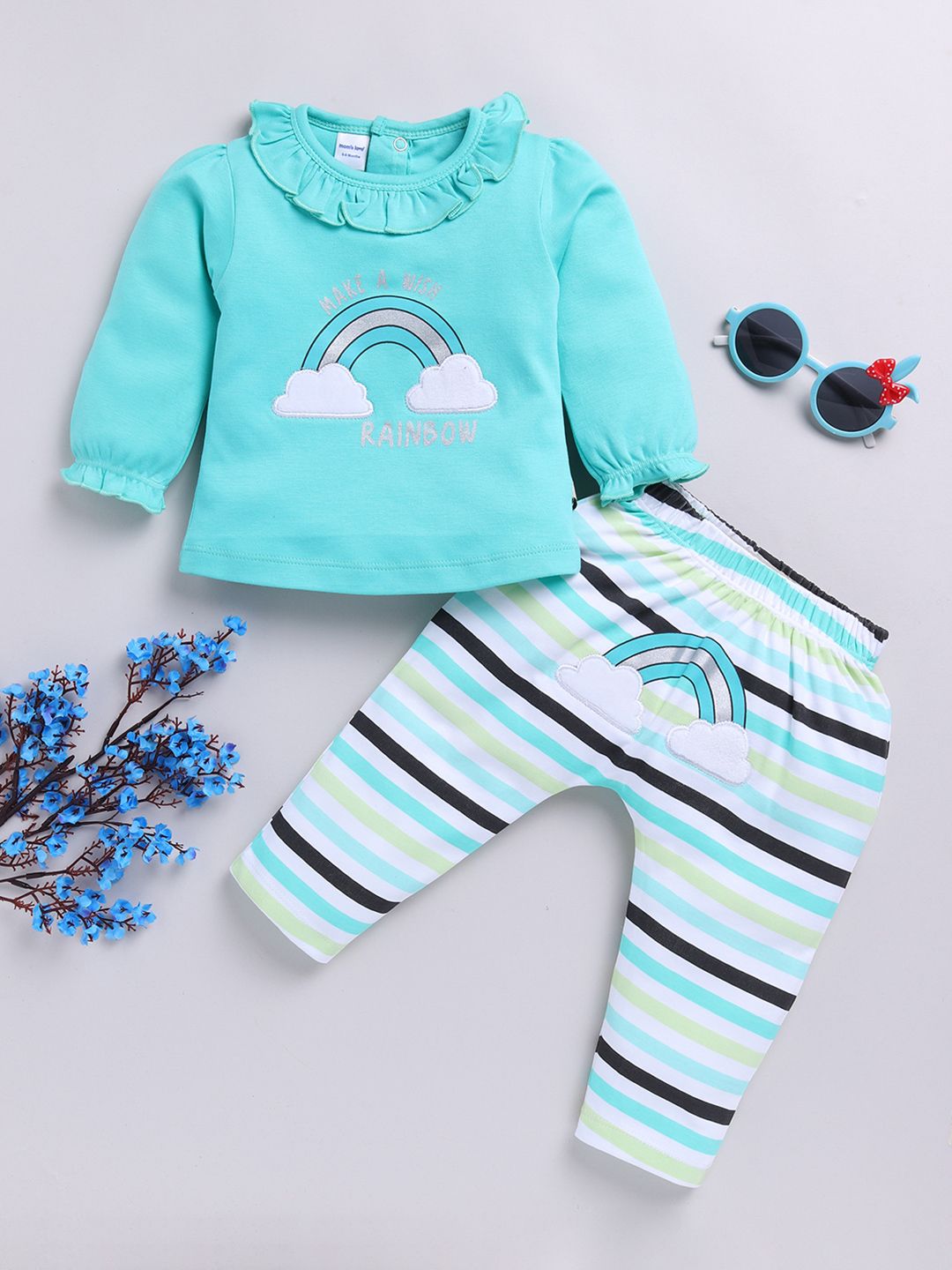 Moms Love Infant Girls Pure Cotton Printed Puffed Sleeves Top with Trousers