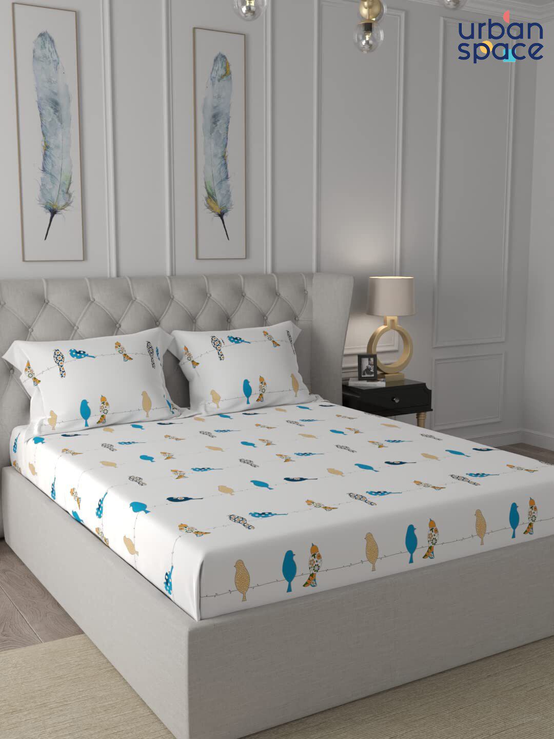 URBAN SPACE White & Blue 144 TC Cotton Queen Bedsheet with 2 Pillow Covers