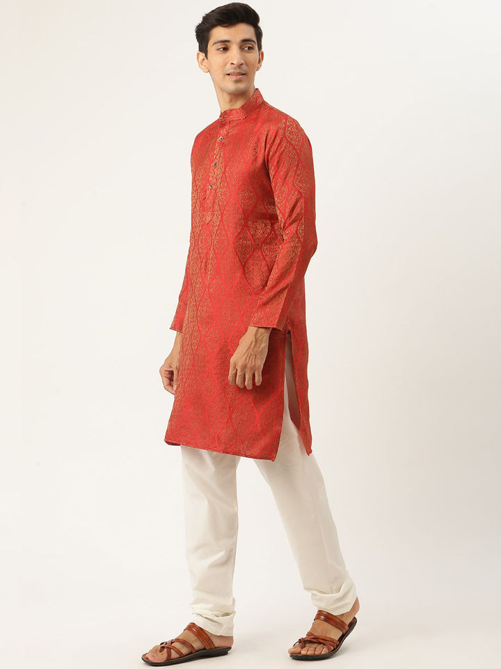 SOJANYA Men Red Ethnic Motifs Jacquard Silk Kurta with Churidar & Nehru Jacket