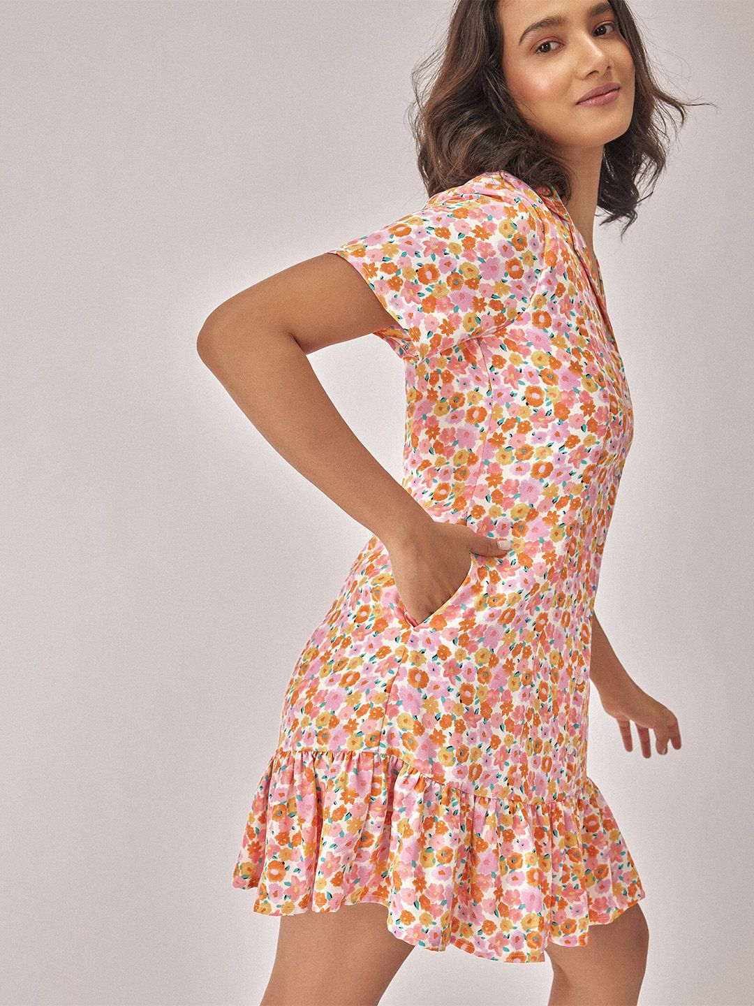 The Label Life Floral Printed Cuban Collar Gathered Drop-Waist Dress