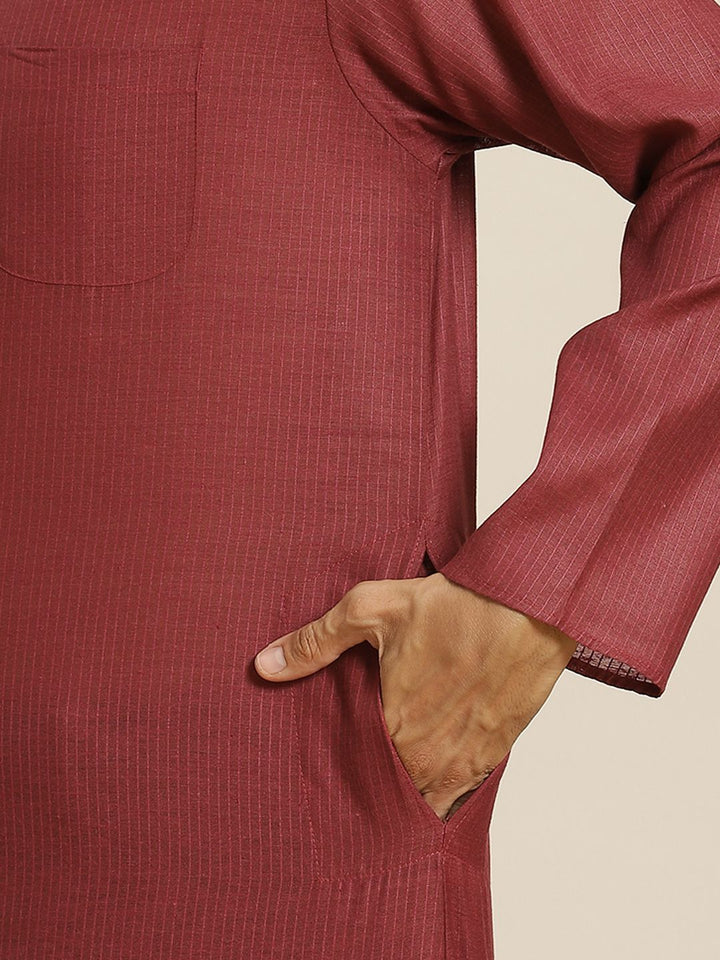 SOJANYA Men Maroon Cotton Self-Striped Straight Kurta