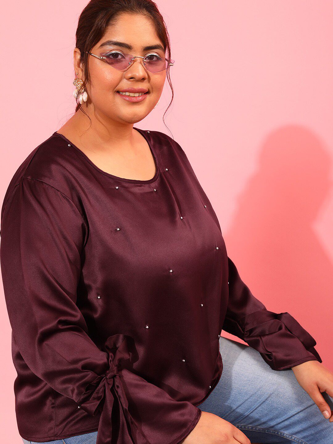 CURVY STREET Pearl Embellished Satin Top