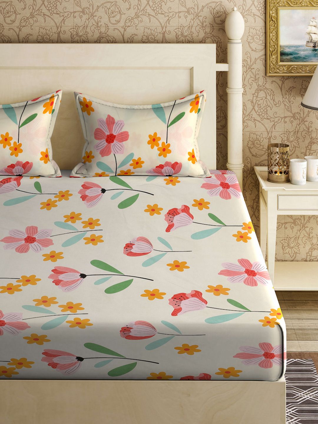 KLOTTHE Cream Floral Printed 300 TC Fitted Double King Bedsheet With 2 Pillow Covers
