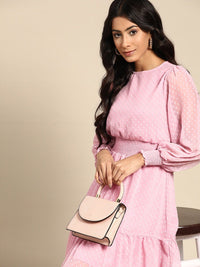 all about you Pink Dobby Weave Cinched Waist A- Line Dress