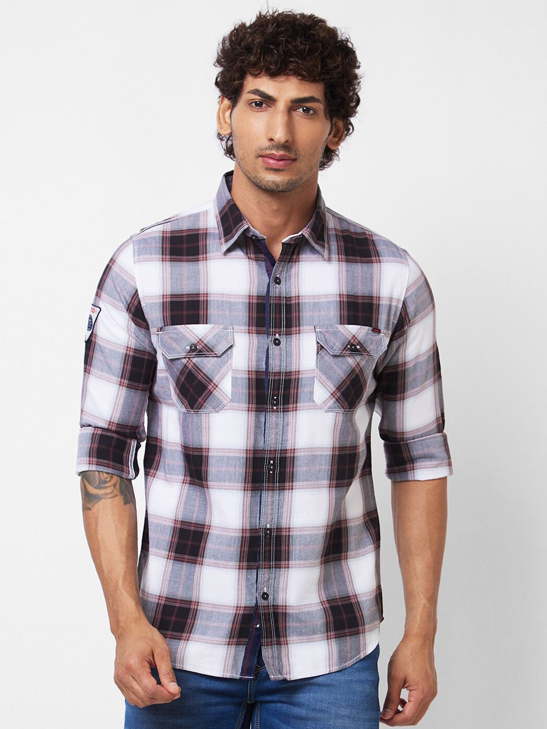 SPYKAR Spread Collar Long Sleeves Tartan Checks Cotton Casual Shirt