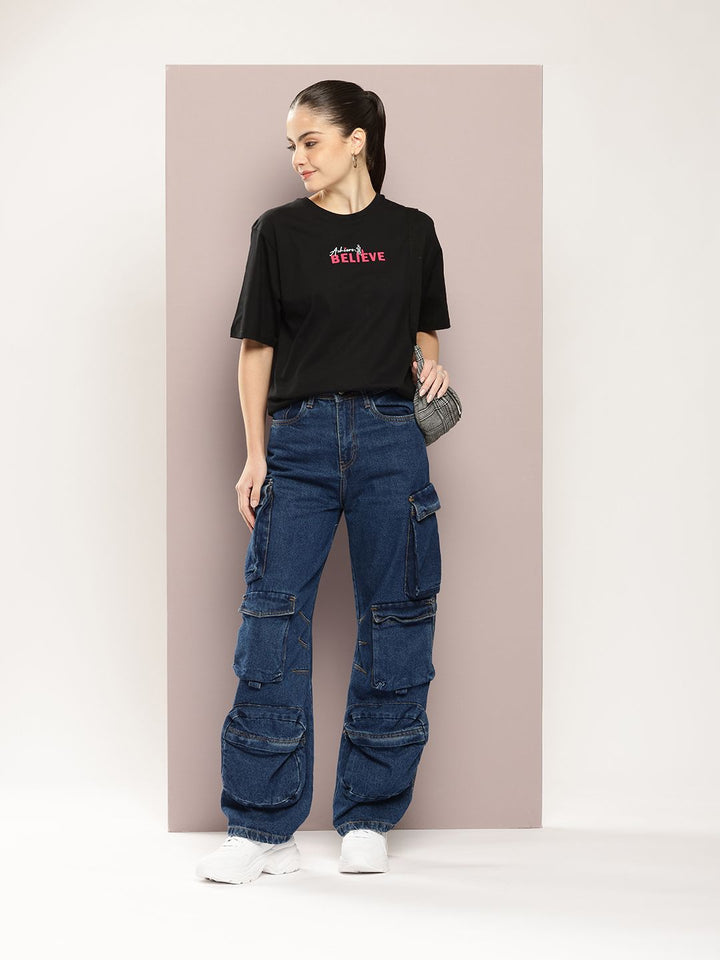 DILLINGER Women Typography Printed Embossed Oversized T-shirt