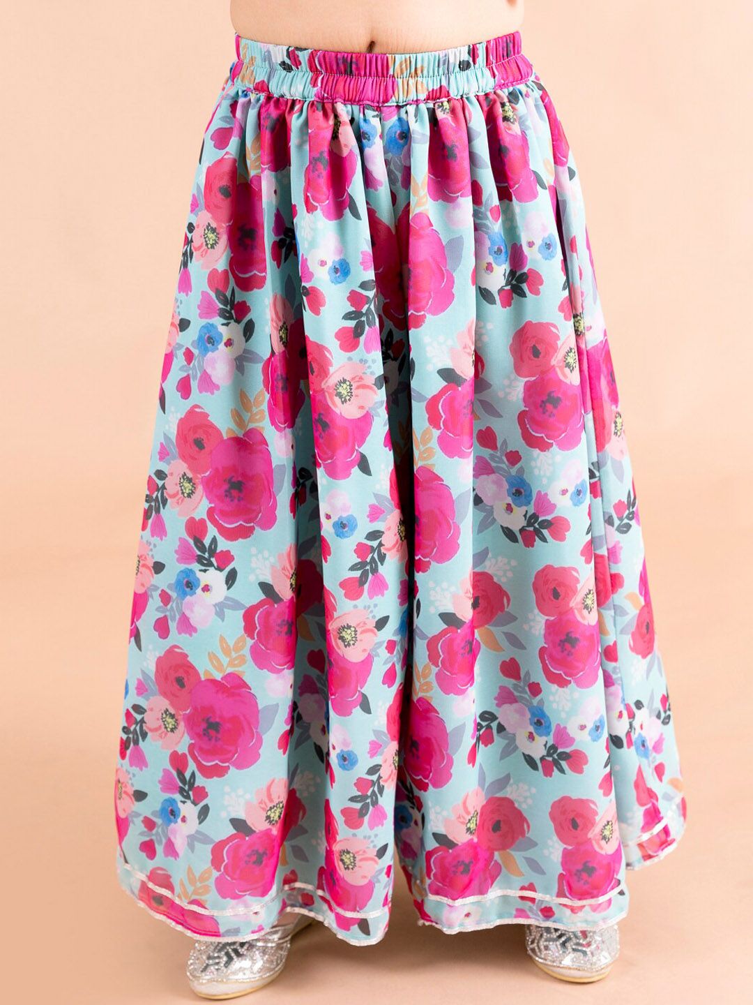 pspeaches Girls Floral Printed Angrakha Gotta Patti Kurti & Sharara With Dupatta