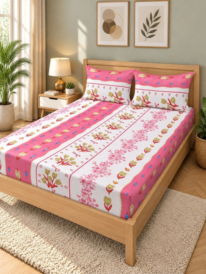 Moda Rapido X KLOTTHE Pink & White Floral 300 TC King Bedsheet with 2 Pillow Covers