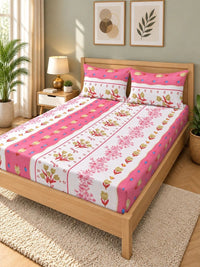 Moda Rapido X KLOTTHE Pink & White Floral 300 TC King Bedsheet with 2 Pillow Covers
