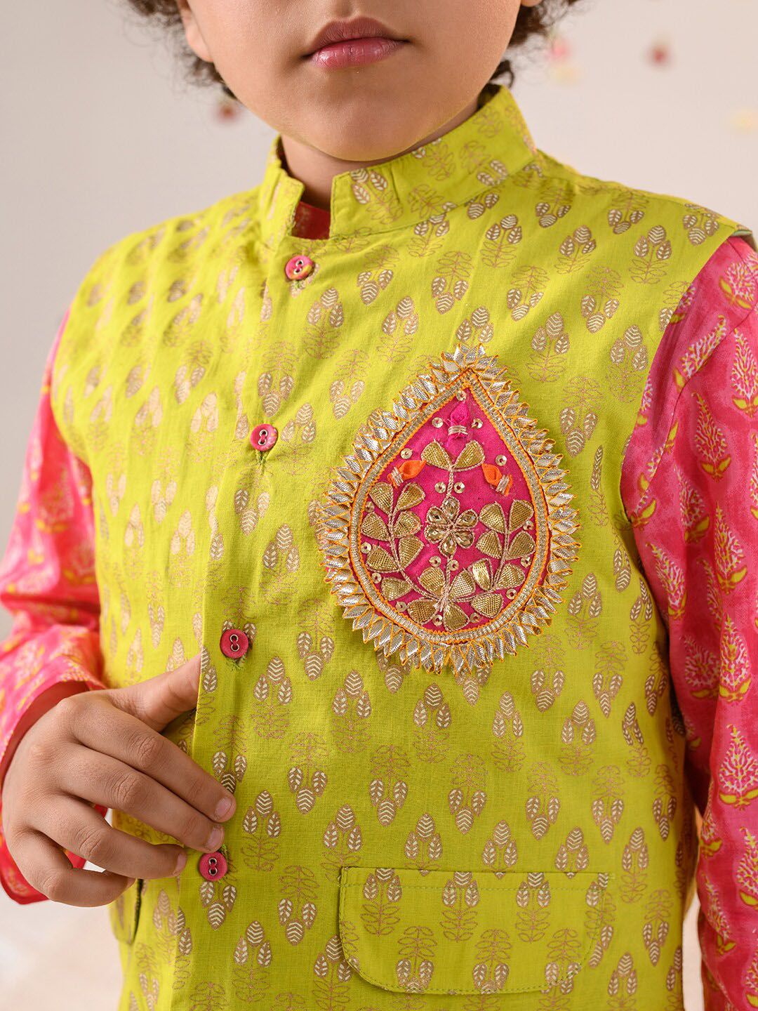 pspeaches Boys Ethnic Motifs Printed Pure Cotton Kurta With Pyjamas And Nehru Jacket