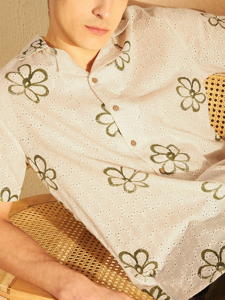 DENNISON Smart Floral Printed Schiffi Casual Oversized Cotton Shirt