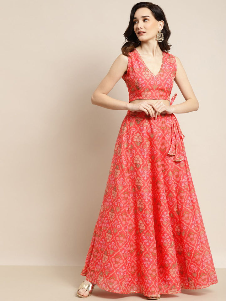 Shae by SASSAFRAS Peach-Coloured & Olive Green Printed Fusion Lehenga Choli