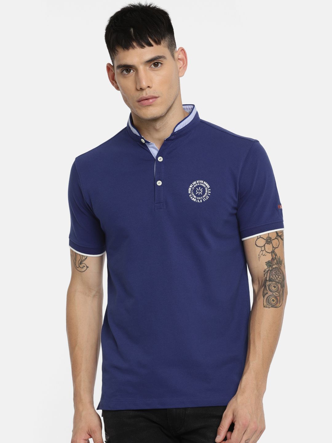 Being Human Clothing Men Blue Solid Mandarin Collar T-shirt
