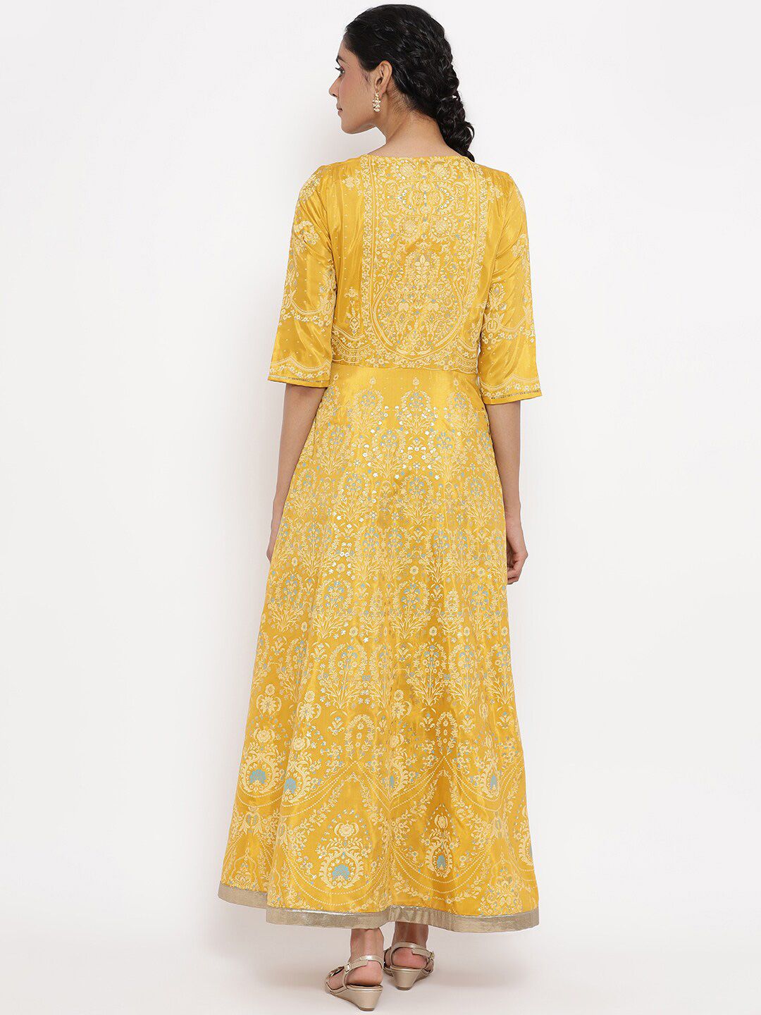 W Women Yellow Floral Printed Keyhole Neck Maxi Dress