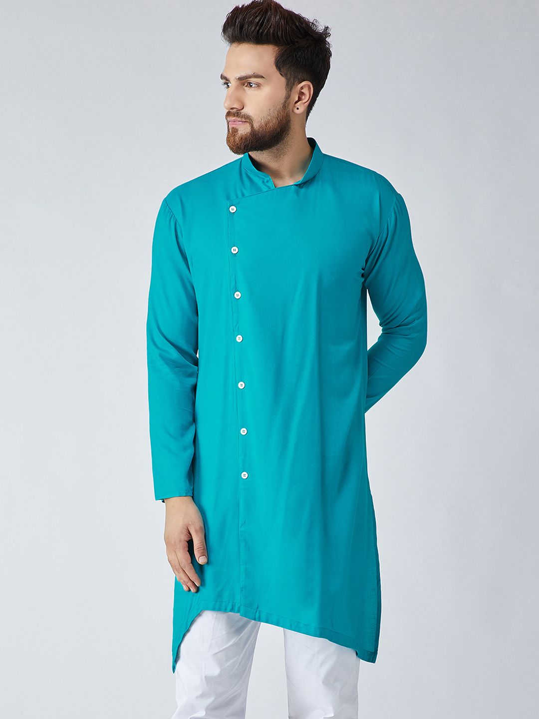 SOJANYA Men Turquoise Blue Solid Kurta Lurus
