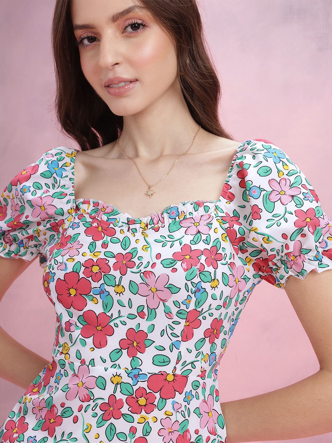 DressBerry Floral Printed Puff Sleeve A-Line Dress