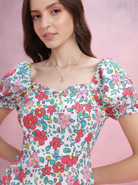 DressBerry Floral Printed Puff Sleeve A-Line Dress