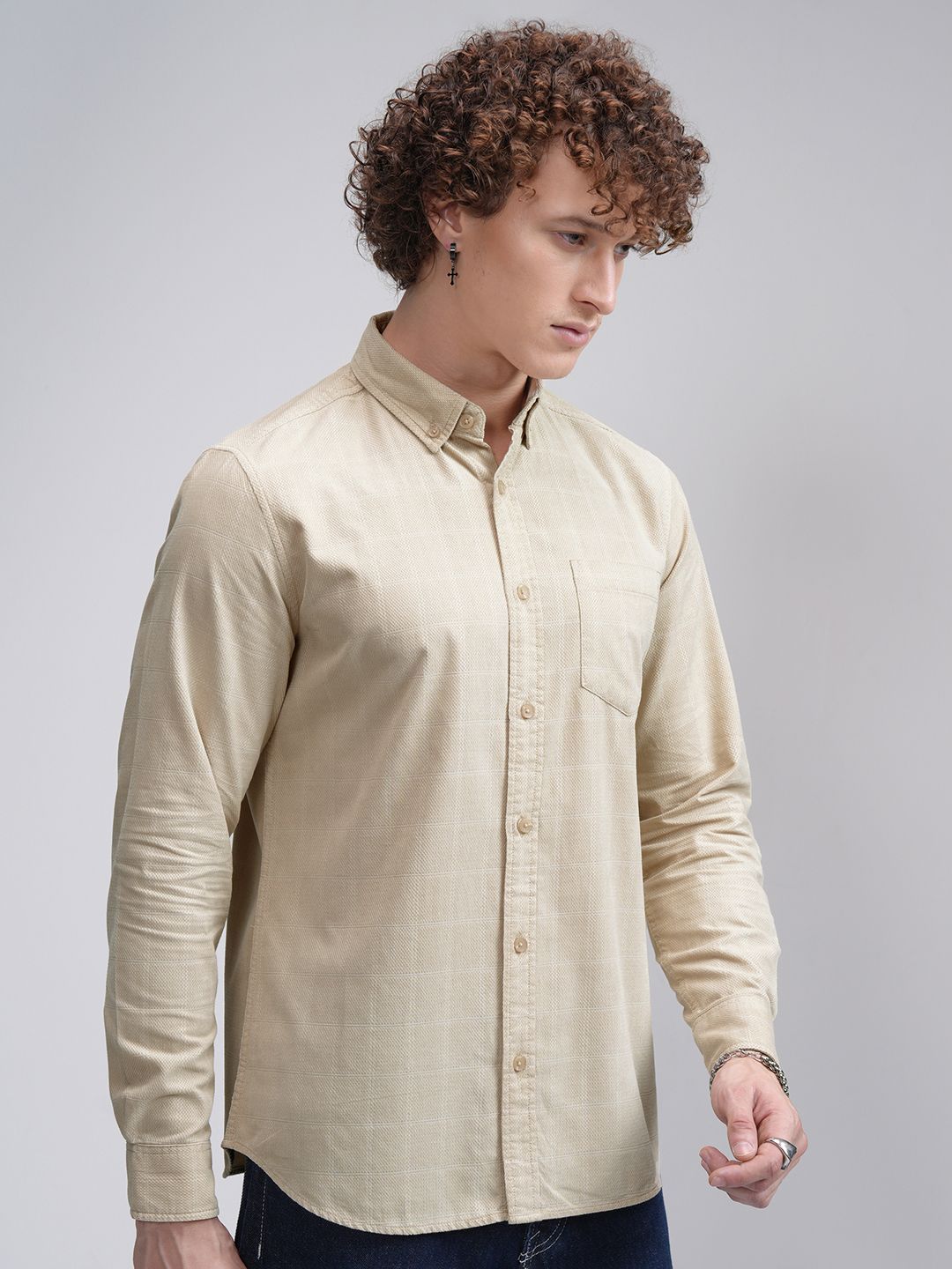 HIGHLANDER Men Button-Down Collar Textured Cotton Slim Fit Casual Shirt