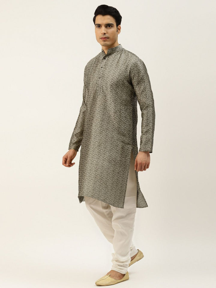 SOJANYA Men Grey & White Ethnic Motifs Woven Design Kurta with Churidar & Nehru Jacket
