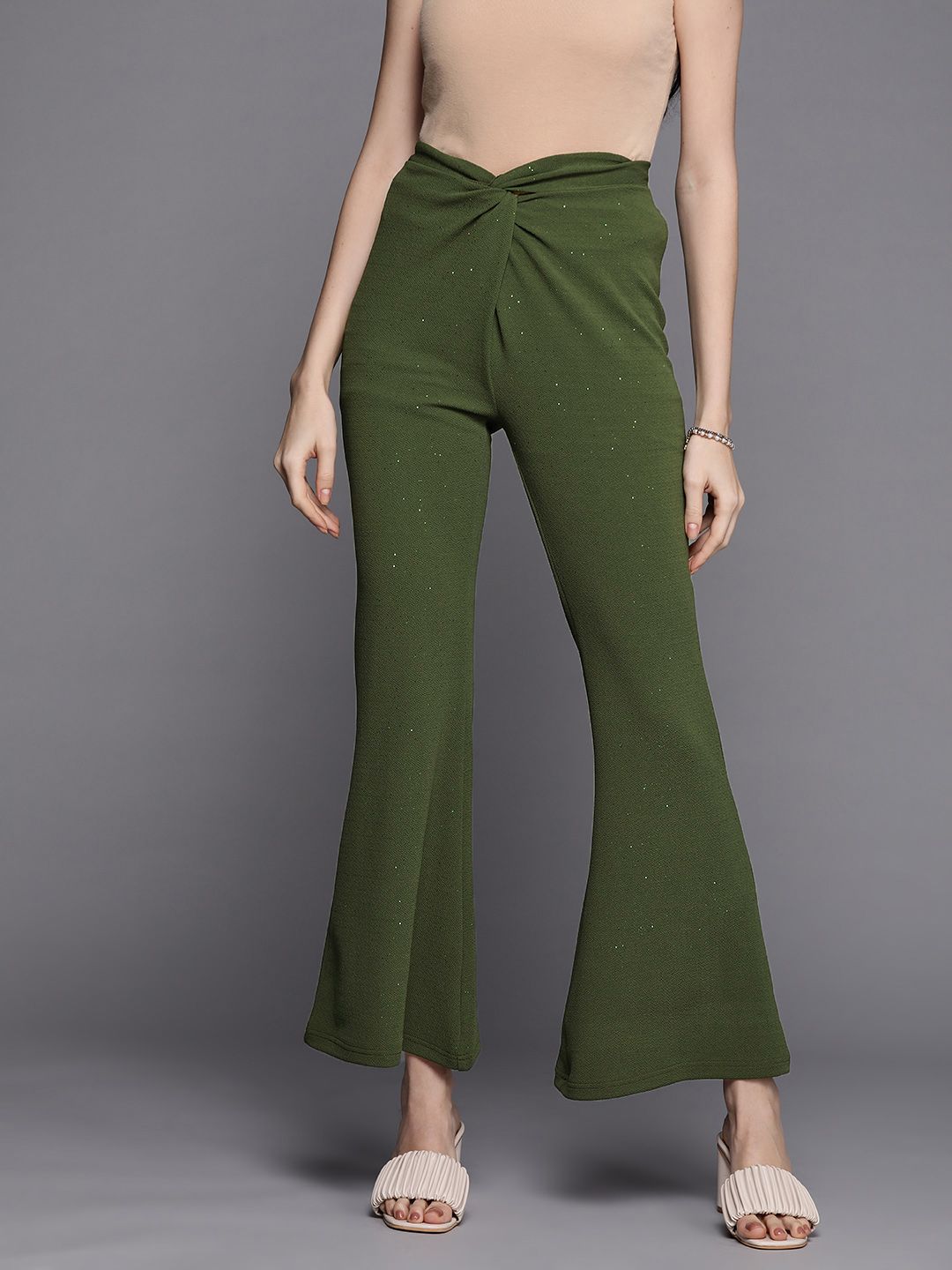 SASSAFRAS Women Olive Green Solid Slim Fit Shimmer Twisted Bootcut Trousers