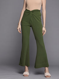 SASSAFRAS Women Olive Green Solid Slim Fit Shimmer Twisted Bootcut Trousers