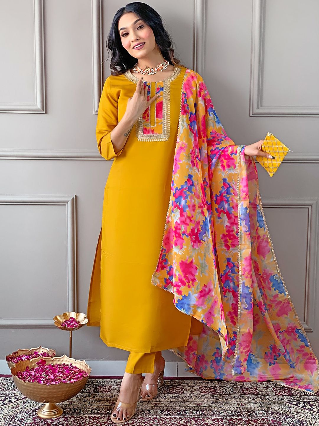 KALINI Ethnic Motifs Yoke Design Thread Work Straight Kurta with Trousers & With Dupatta