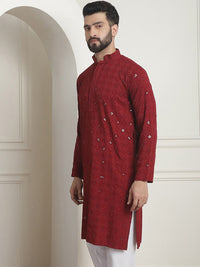 SOJANYA Geometric Mandarin Collar Long Sleeves Thread Work Cotton Kurta