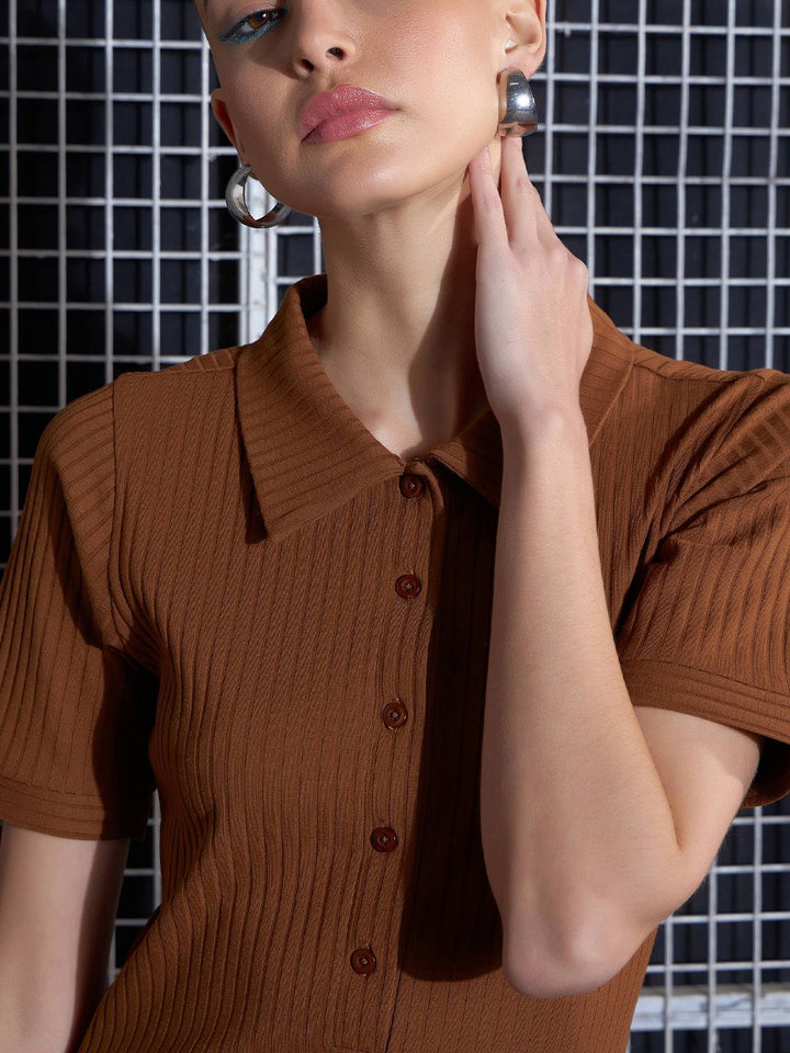 SASSAFRAS Brown Self Design Midi Sheath Dress