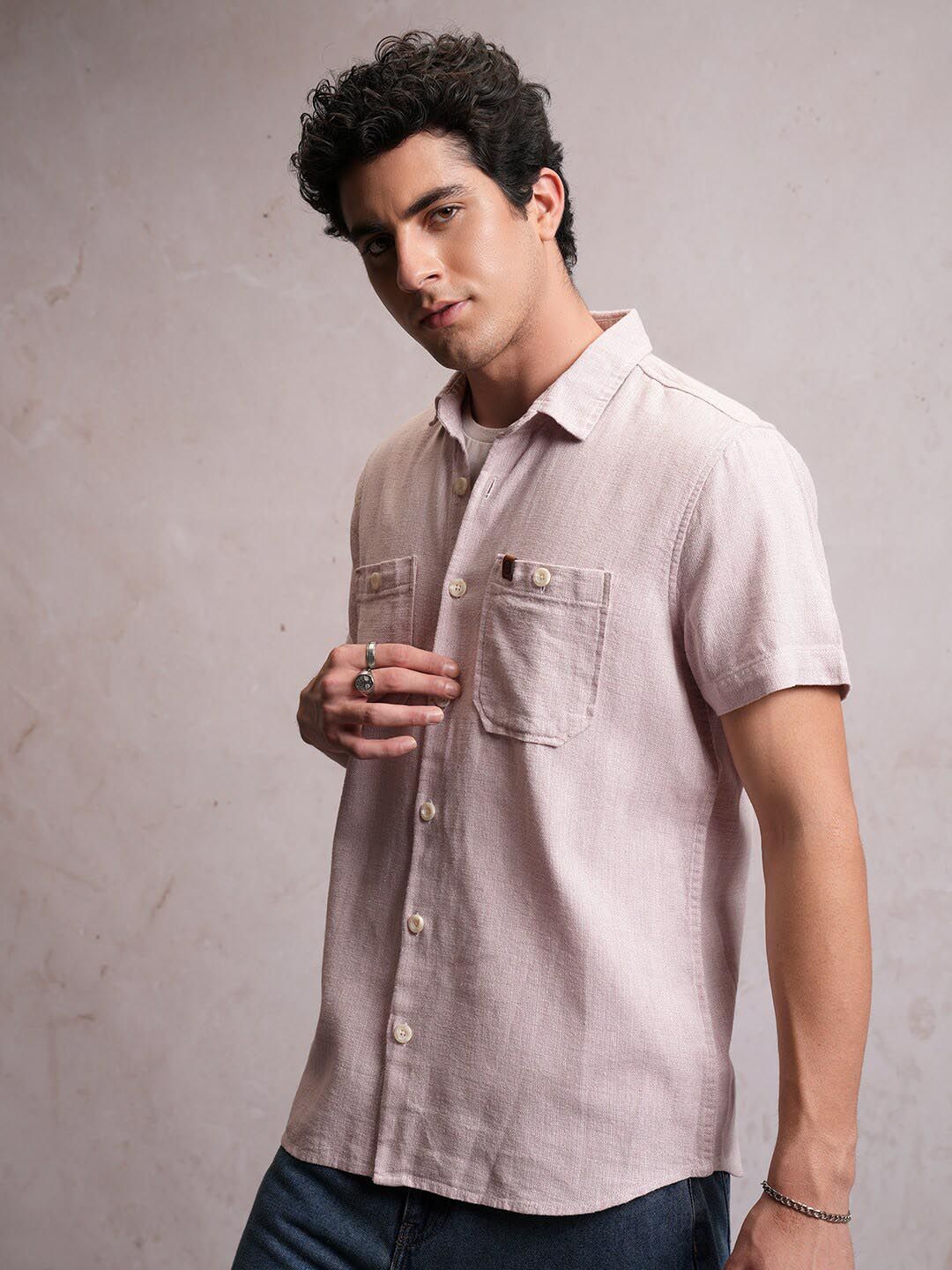 Locomotive Men Light Pink Dobby Textured Checked Utility Pocket Regular Shirt