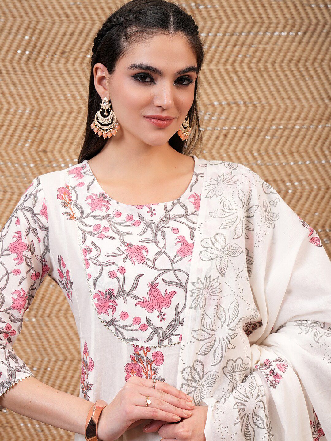 Vishudh White & Pink Floral Printed Pure Cotton Anarkali Kurta With Trouser & Dupatta