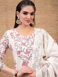 Vishudh White & Pink Floral Printed Pure Cotton Anarkali Kurta With Trouser & Dupatta