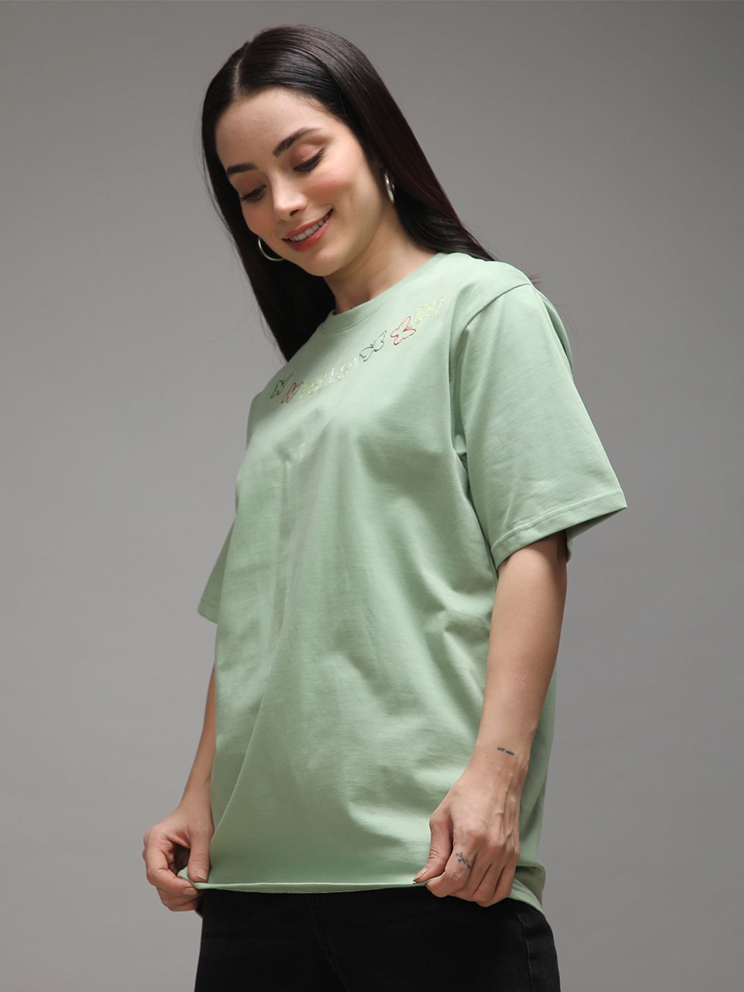 DILLINGER Women Short Sleeve Oversized Crew Neck Embroidery Tshirt
