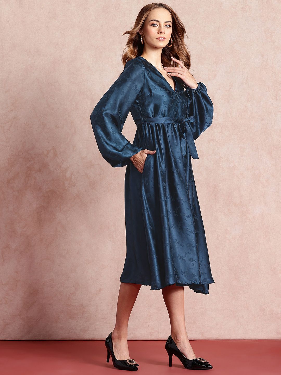 all about you Floral Puff Sleeve Satin A-Line Midi Dress