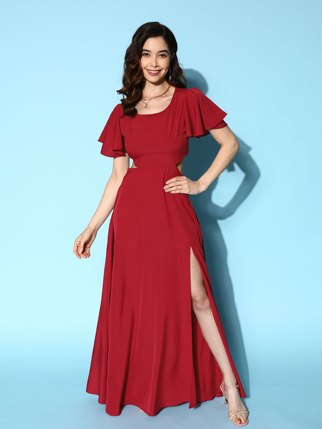 Berrylush Red Crepe A-Line Maxi Dress