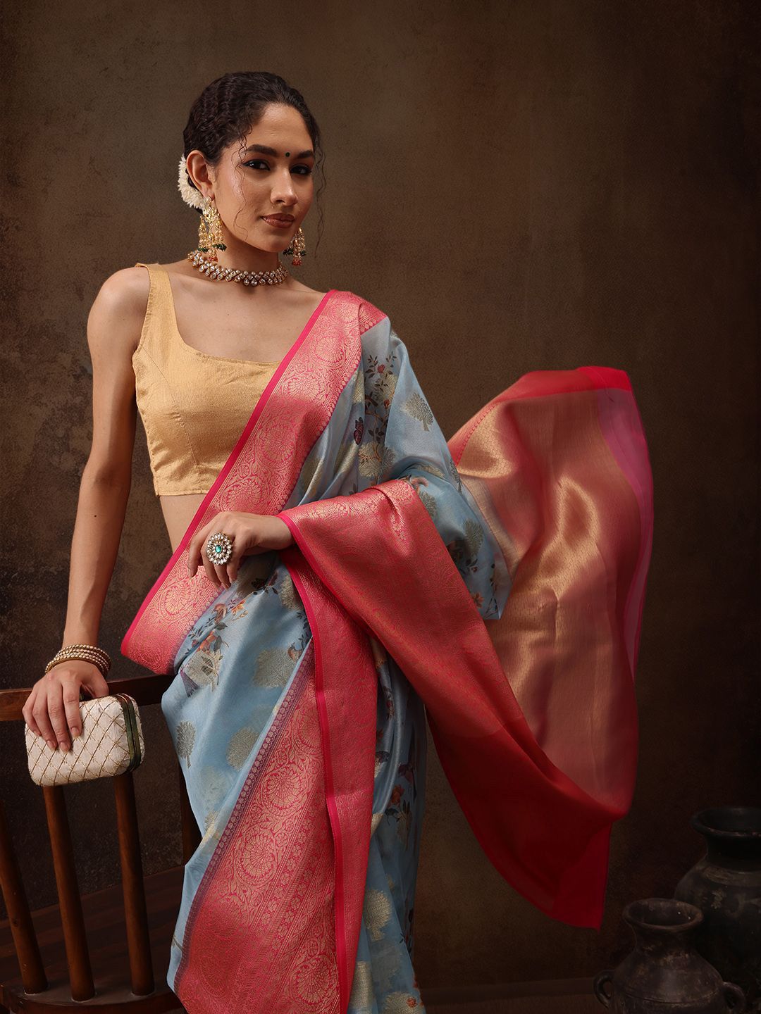 Silk Land Woven Floral Art Silk Chanderi Digital Print Saree