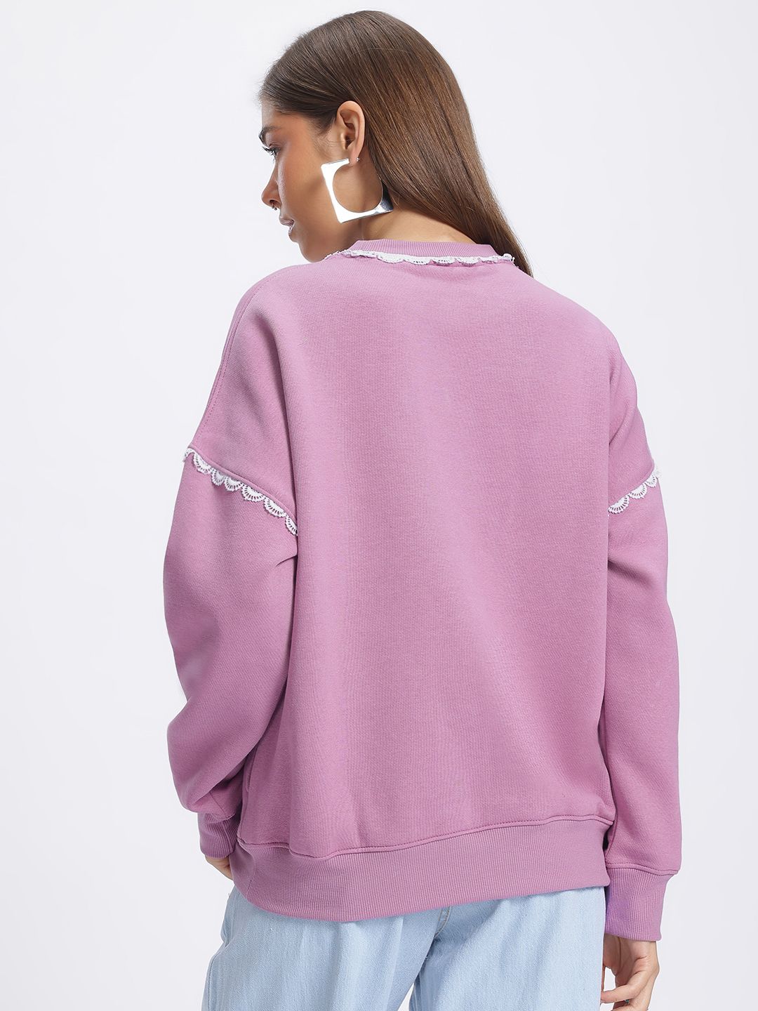 DressBerry Lace Insert Detail Drop-Shoulder Sleeve Sweatshirt