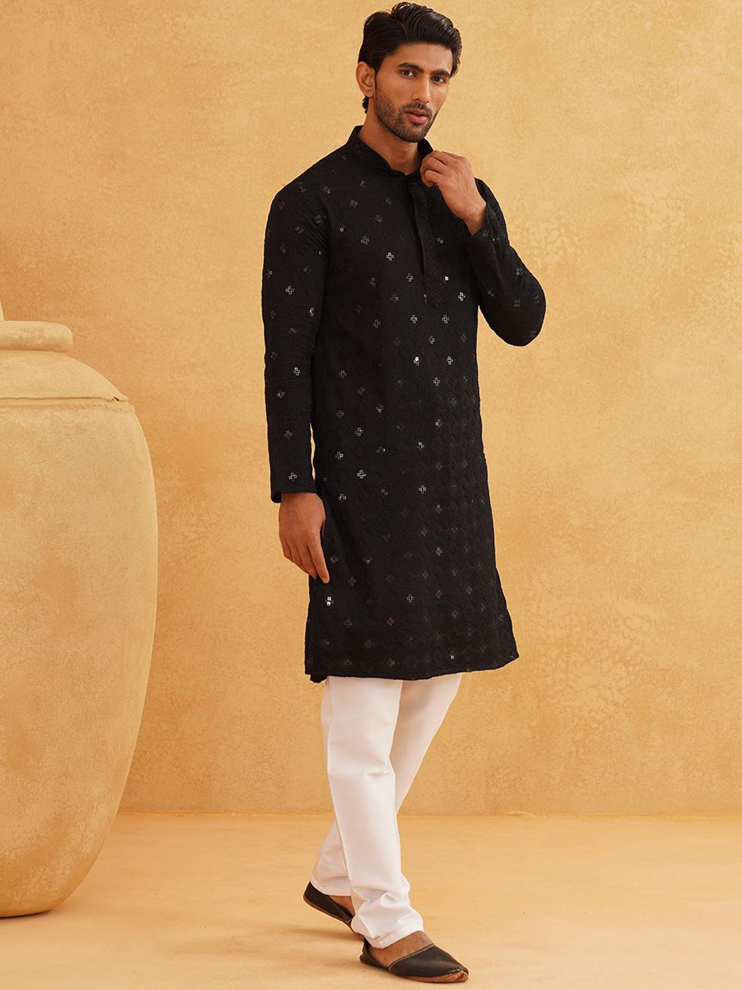 SOJANYA Geometric Embroidered Mandarin Collar Sequinned Pure Cotton Kurta with Churidar