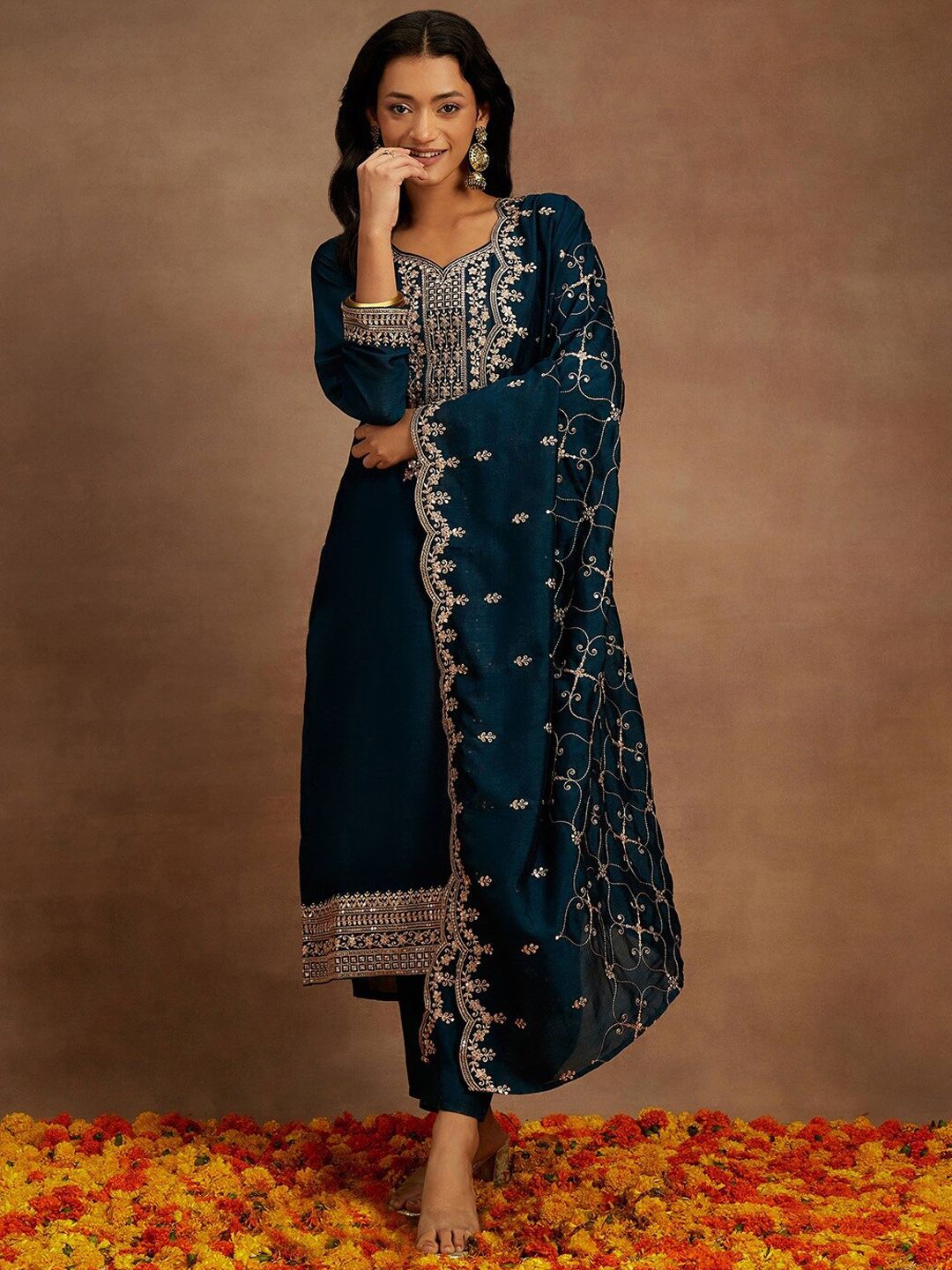 Libas Yoke Design Sequinned Straight Kurta with Trousers & With Dupatta