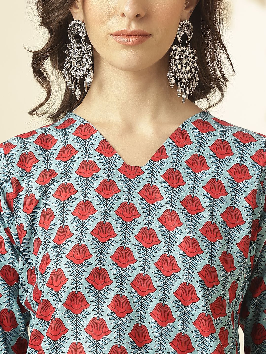 KALINI Ethnic Motifs Printed V-Neck Three-Quarter Sleeves Pure Cotton Tunic & Trousers