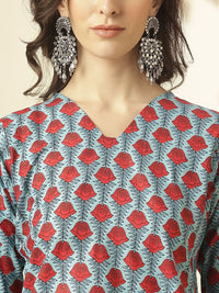 KALINI Ethnic Motifs Printed V-Neck Three-Quarter Sleeves Pure Cotton Tunic & Trousers