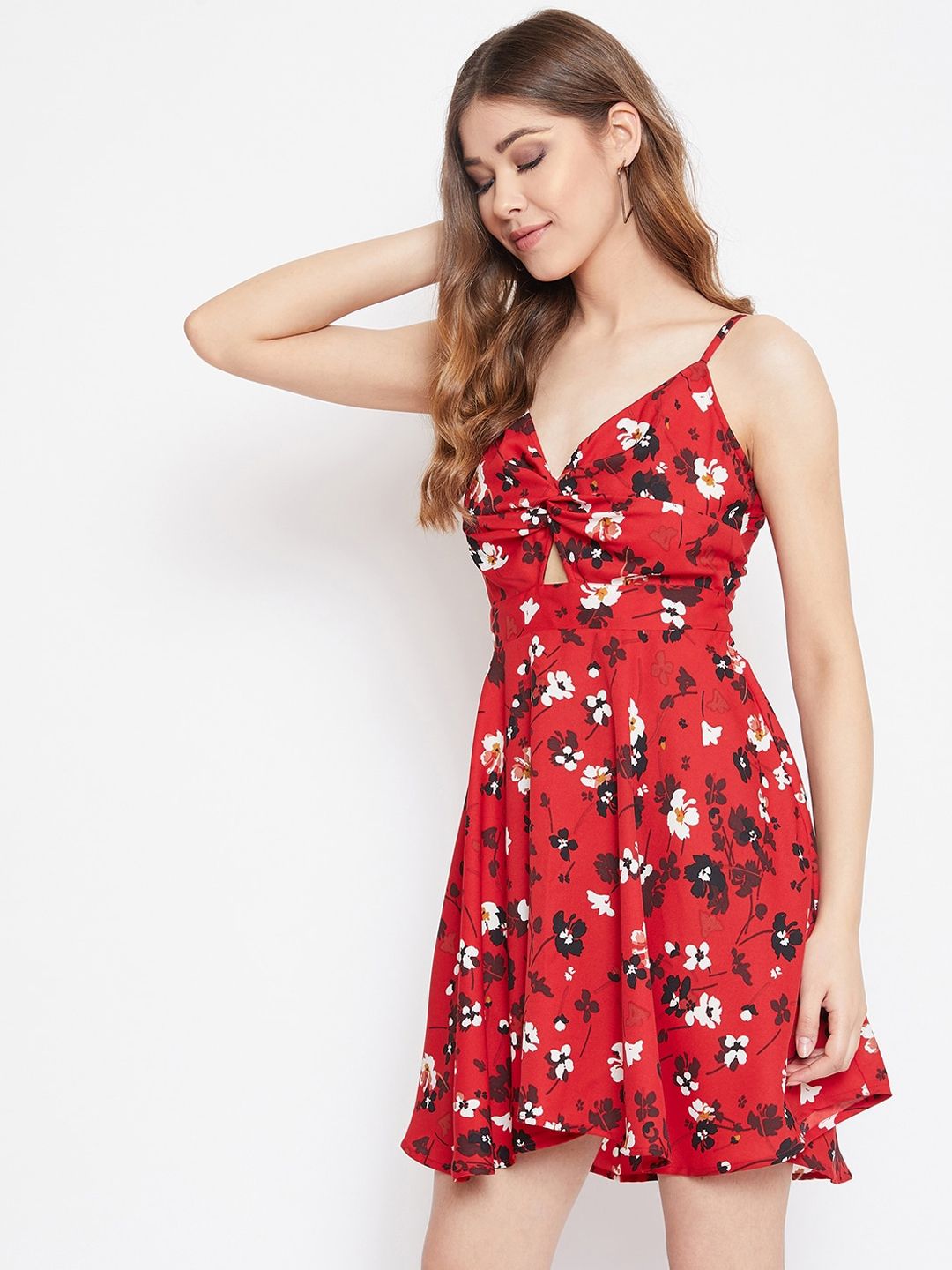 Berrylush Women Red & Black Floral Printed Fit and Flare Dress