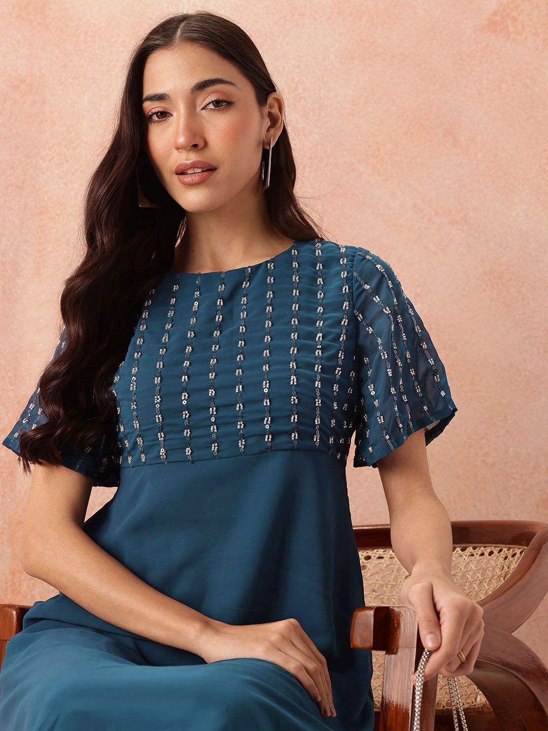 all about you Sequined Flared Sleeves Fit & Flare Dress