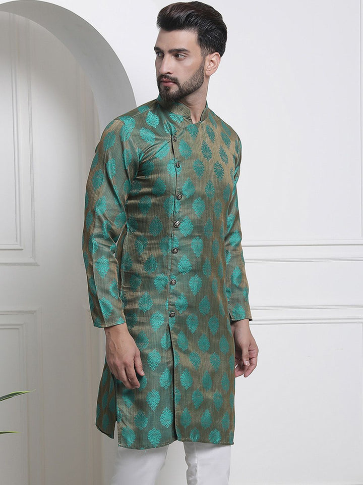 SOJANYA Woven Design Mandarin Collar Silk Cotton Angrakha Kurta