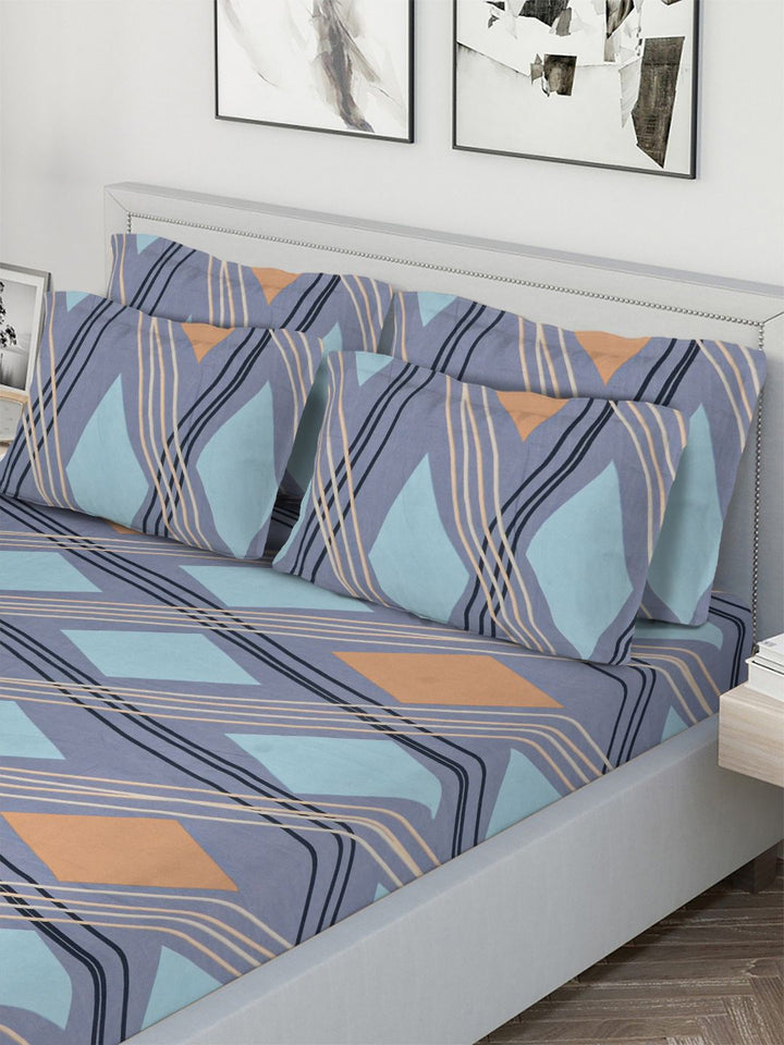 Myntra Elegant Homes Blue Geometric 300 TC Bedsheet with 2 Pillow Covers