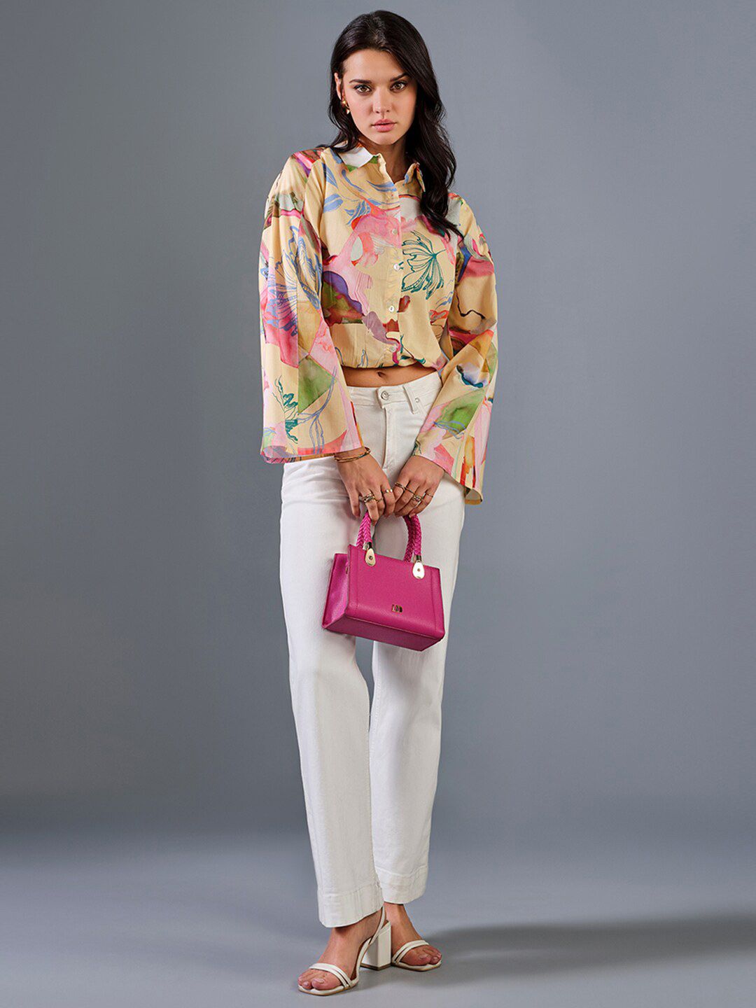 AND Floral Print Flared Sleeve Cotton Cape Top