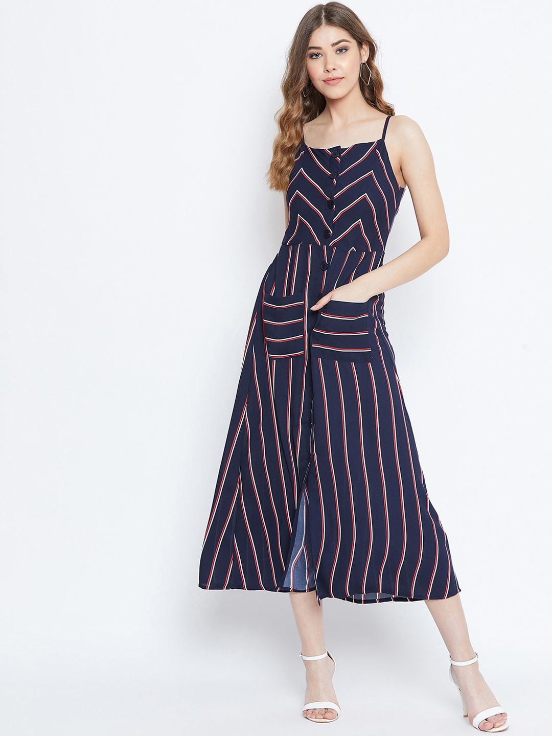 Berrylush Women Navy Blue & Red Striped A-Line Dress
