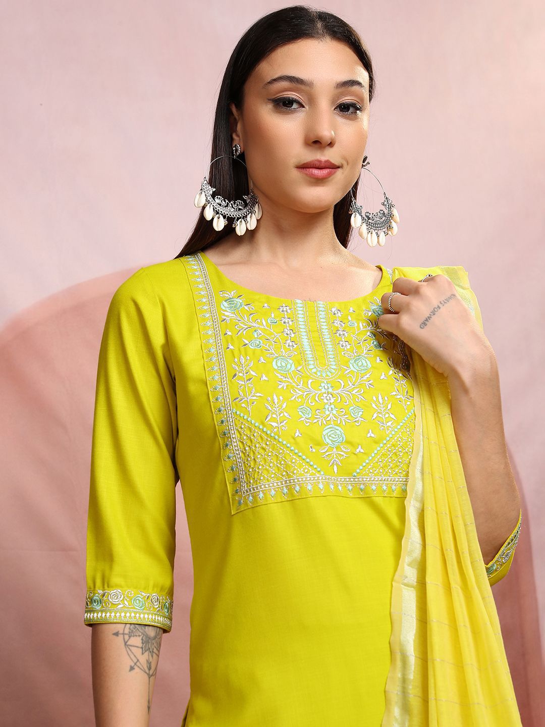Vishudh Lime Green Floral Yoke Design Thread Work Straight Kurta With Trousers & Dupatta