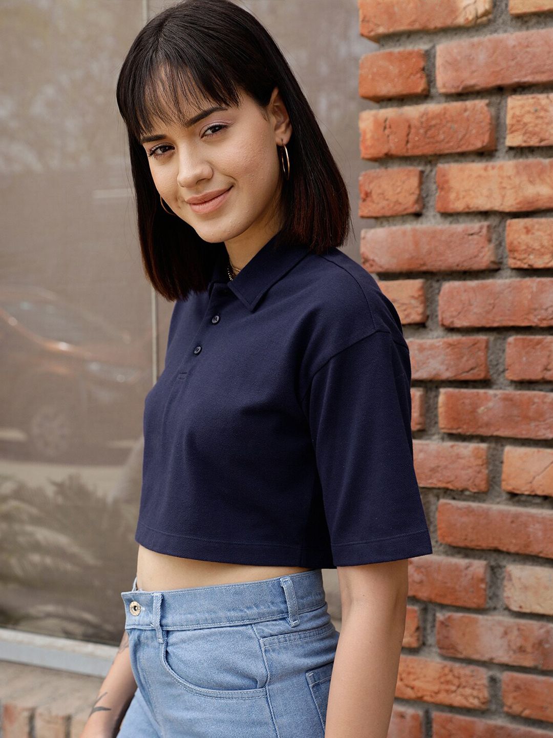 STREET 9 BASICS Navy Blue Polo Collar Drop Shoulder Sleeves Crop Pure Cotton Oversized T-shirt