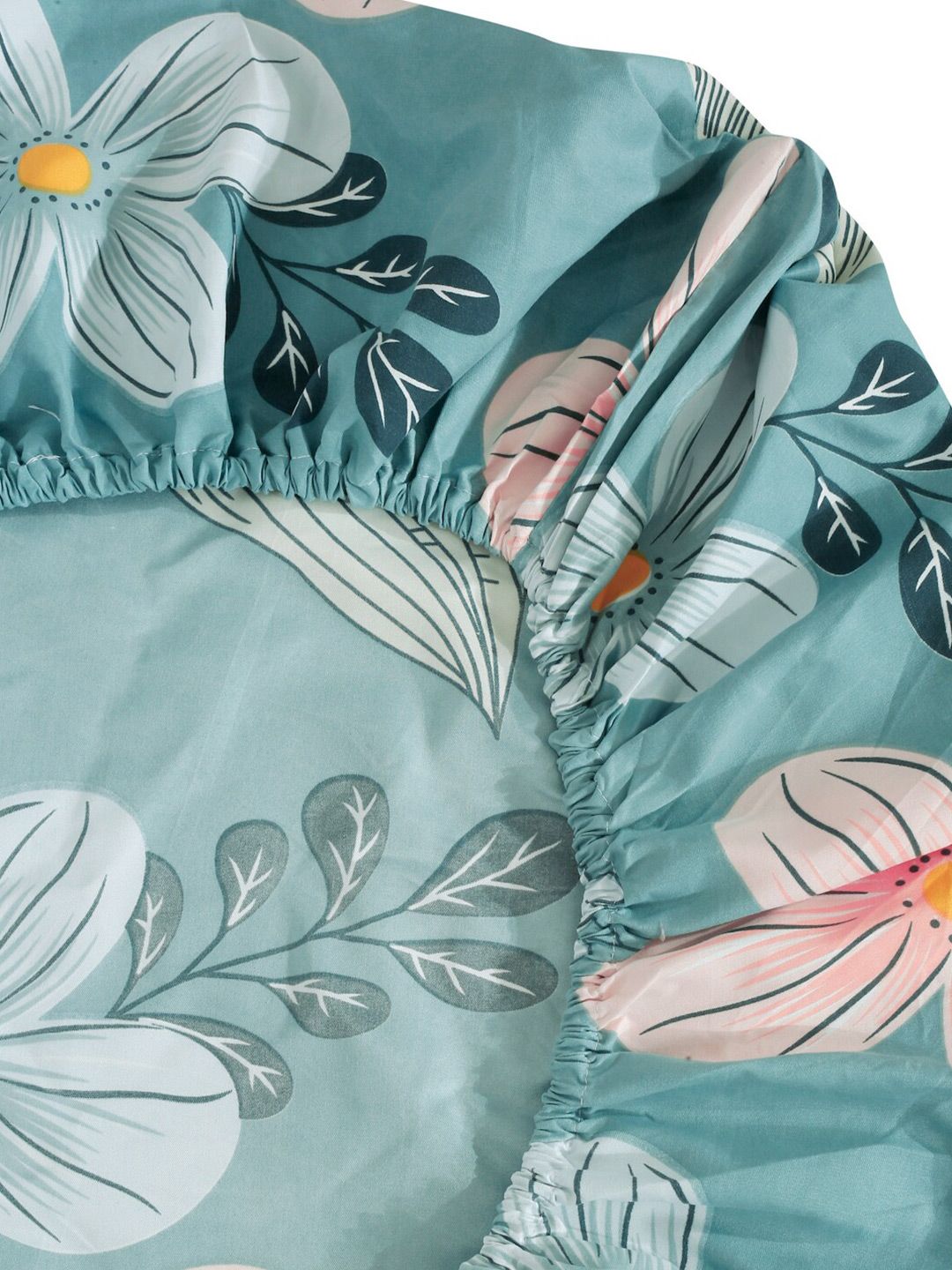 KLOTTHE Green Floral Polycotton 300 TC Fitted King Fine Bedsheet with 2 Pillow Covers-270 x 270 cm