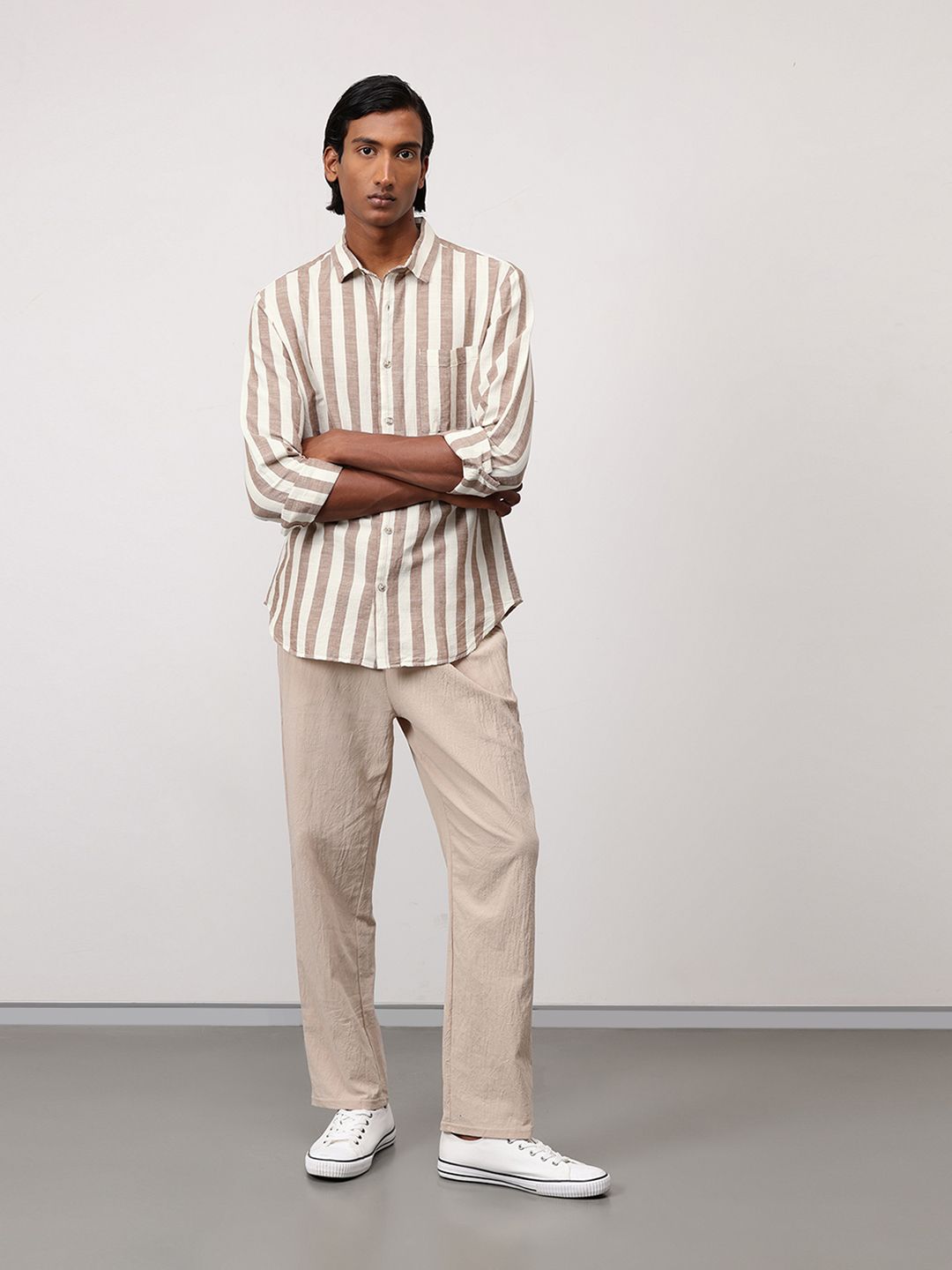 ether Men Classic Cotton Linen Striped Shirt